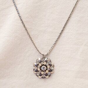 Vintage Flower Pendant Necklace, Silver Chain & Glass Beads